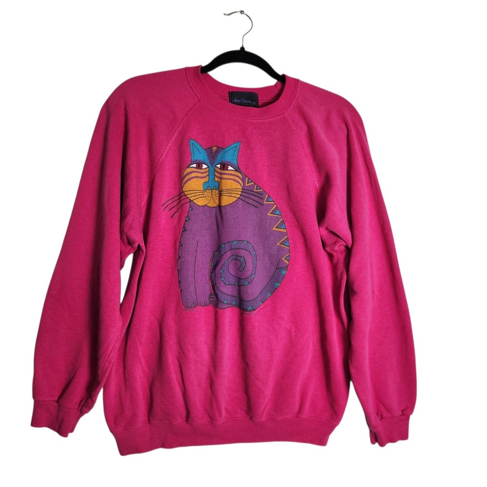 Vintage Laurel Burch Cat Graphic Sweatshirt Pink Large USA Made 90s Whimsical